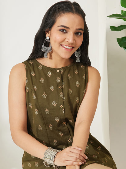 Janasya Olive A-Line Cotton Tunic - Dista