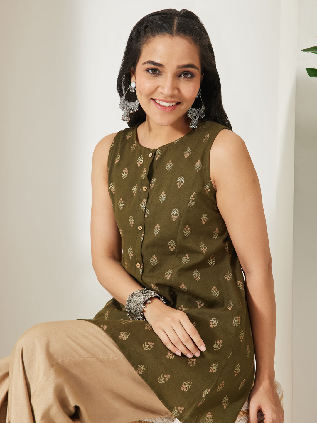 Janasya Olive A-Line Cotton Tunic - Dista