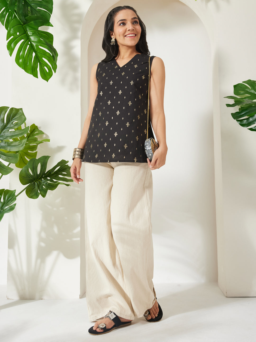 Janasya Black A-Line Cotton Tunic - Dista