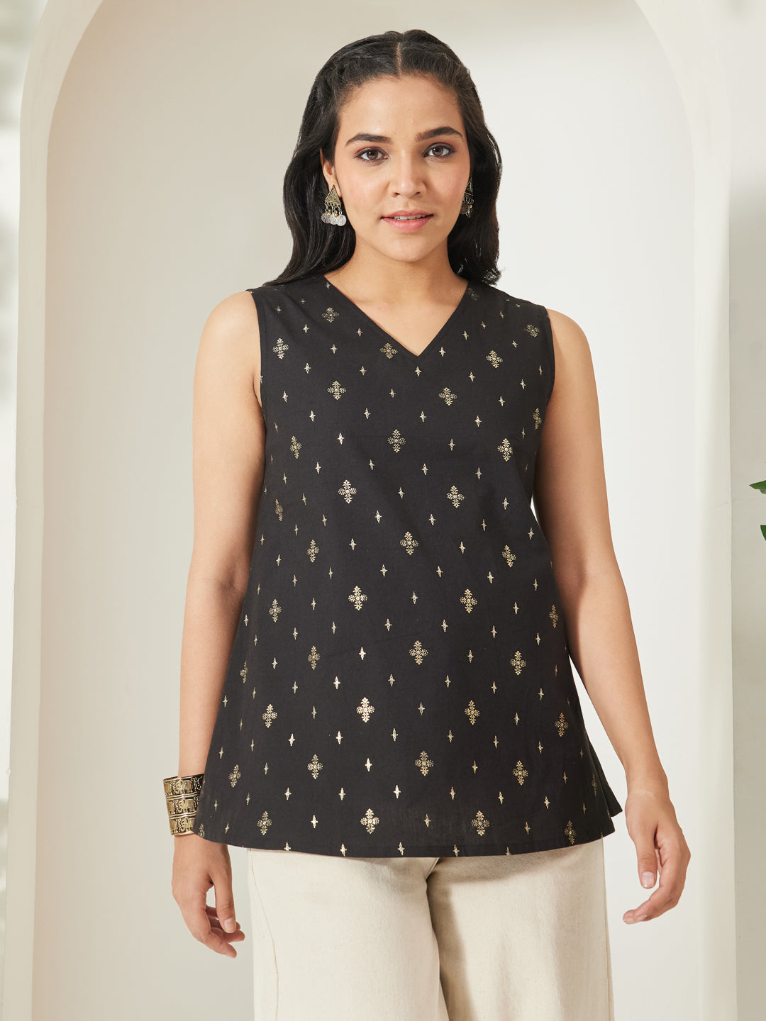 Janasya Black A-Line Cotton Tunic - Dista