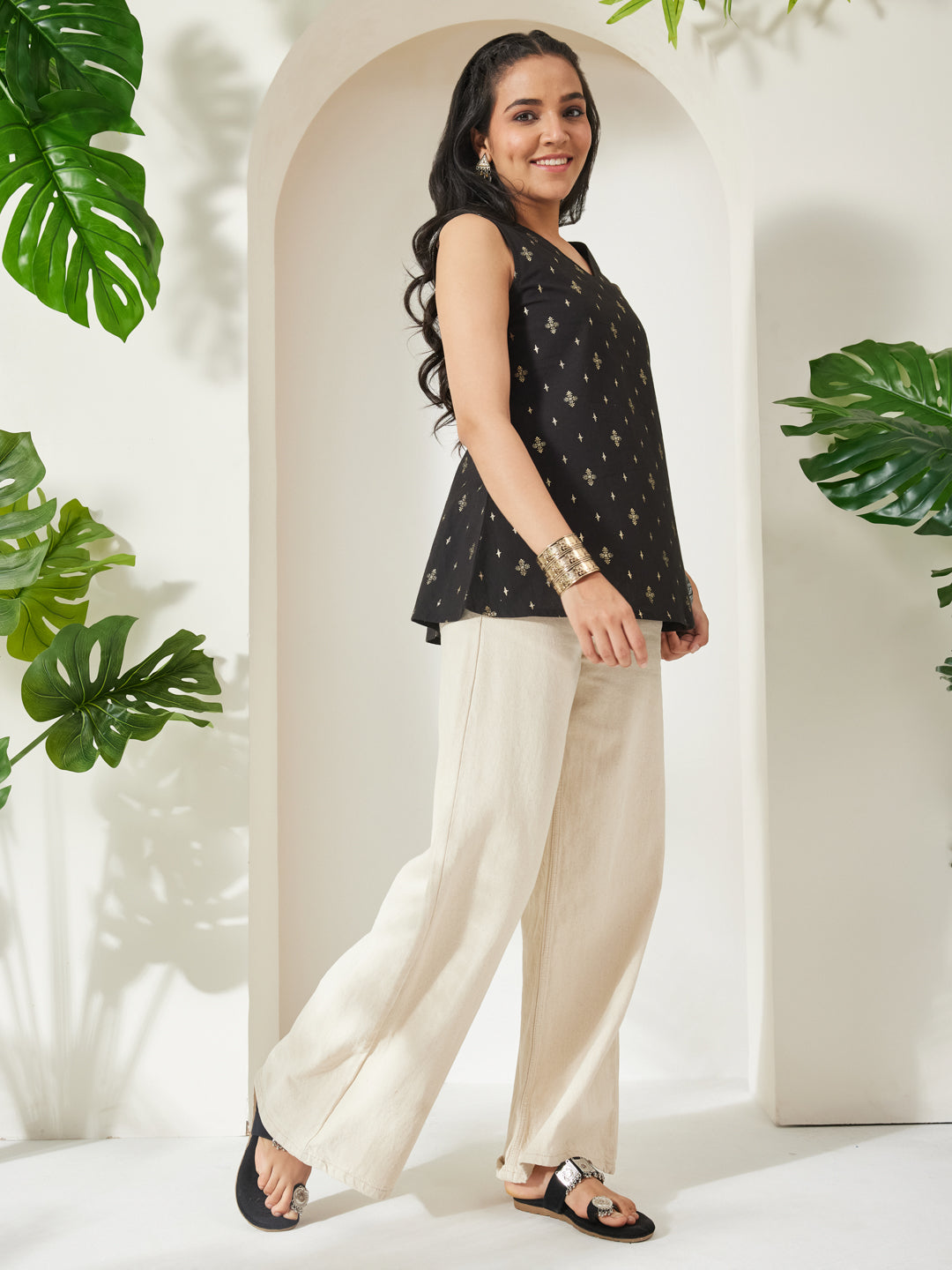 Janasya Black A-Line Cotton Tunic - Dista
