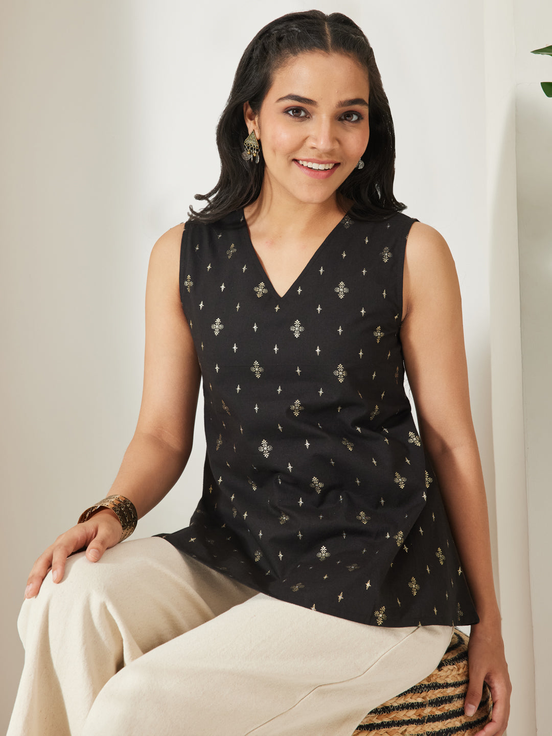 Janasya Black A-Line Cotton Tunic - Dista