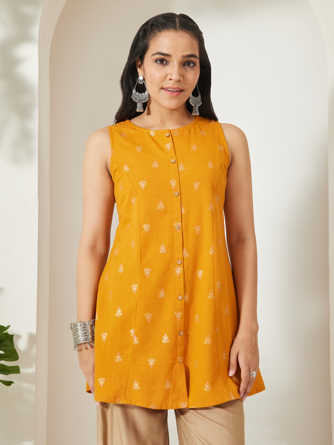 Janasya Mustard A-Line Cotton Tunic - Dista