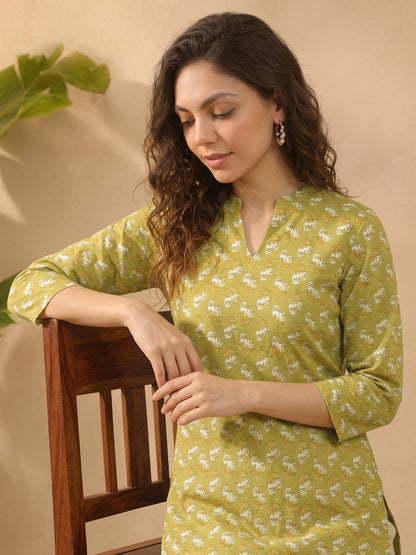 Janasya Olive Straight Cotton Tunic - Dista