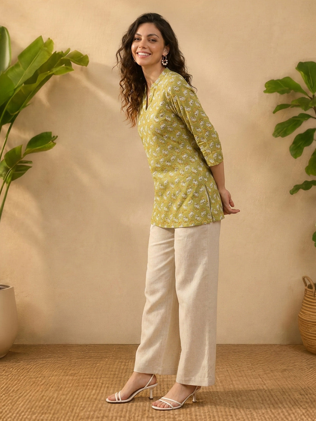 Janasya Olive Straight Cotton Tunic - Dista