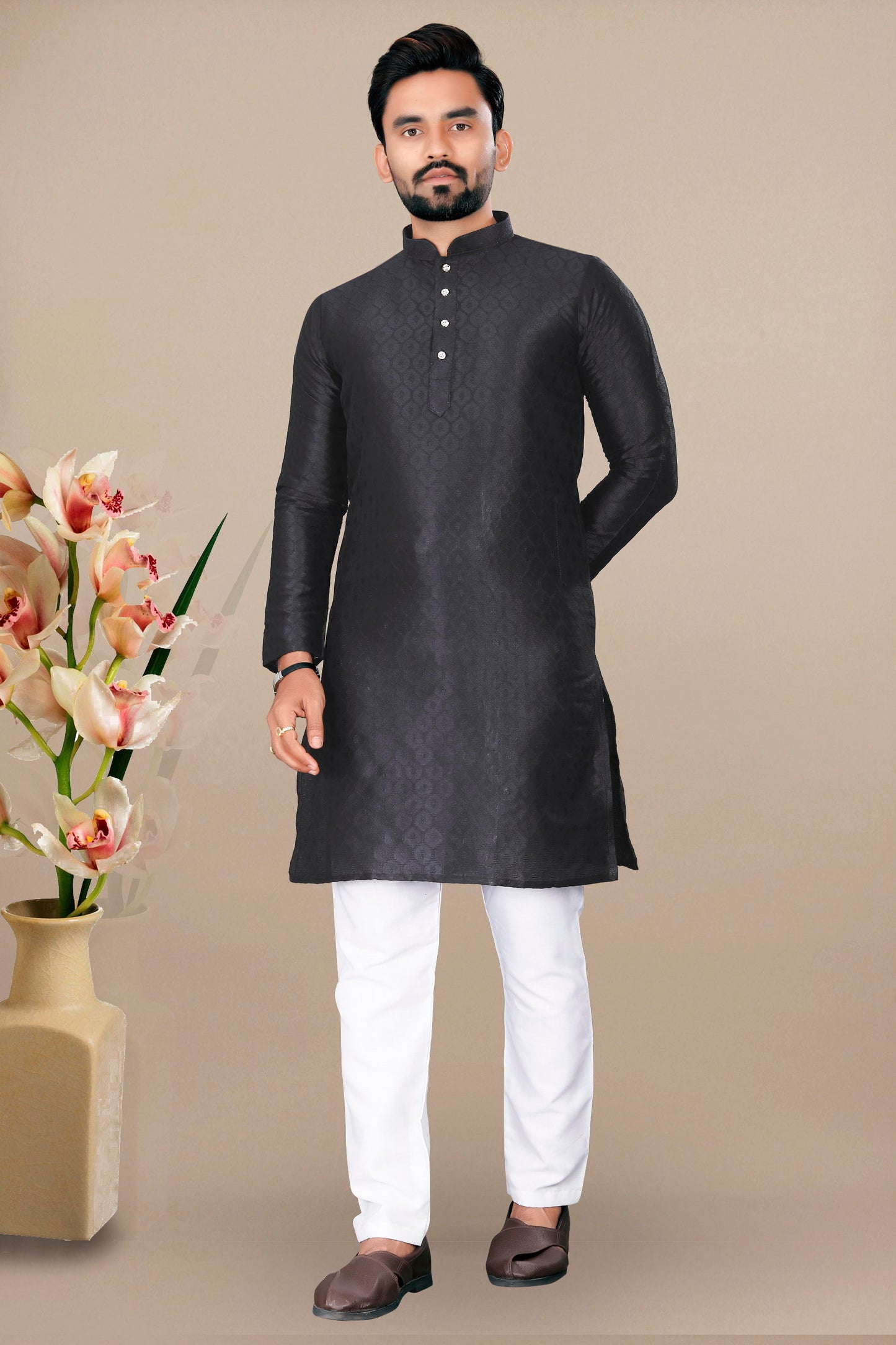 Neera Trendz Black Jacquard Work Men's Kurta With Pyjama - Distacart
