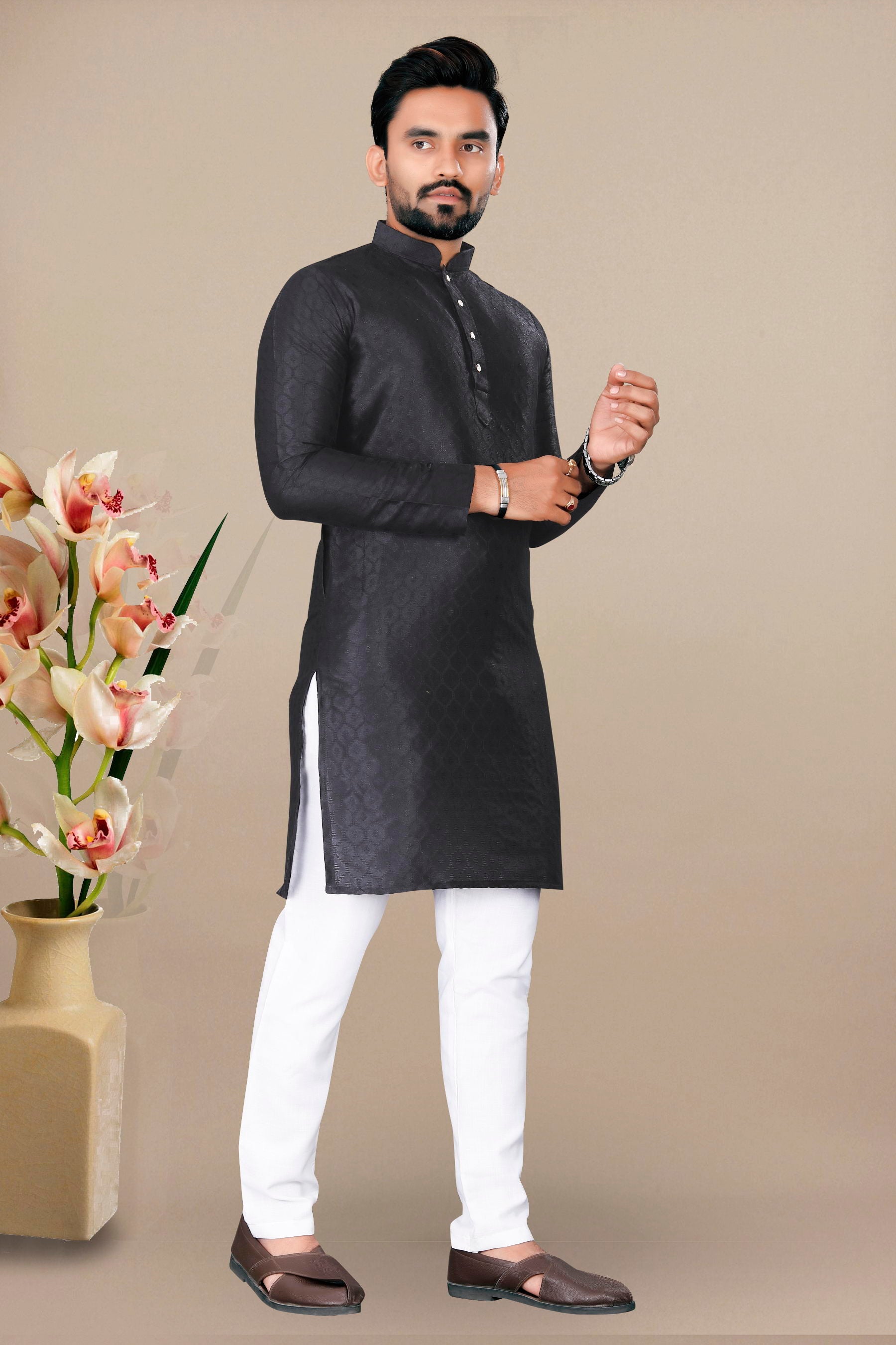 Neera Trendz Black Jacquard Work Men's Kurta With Pyjama