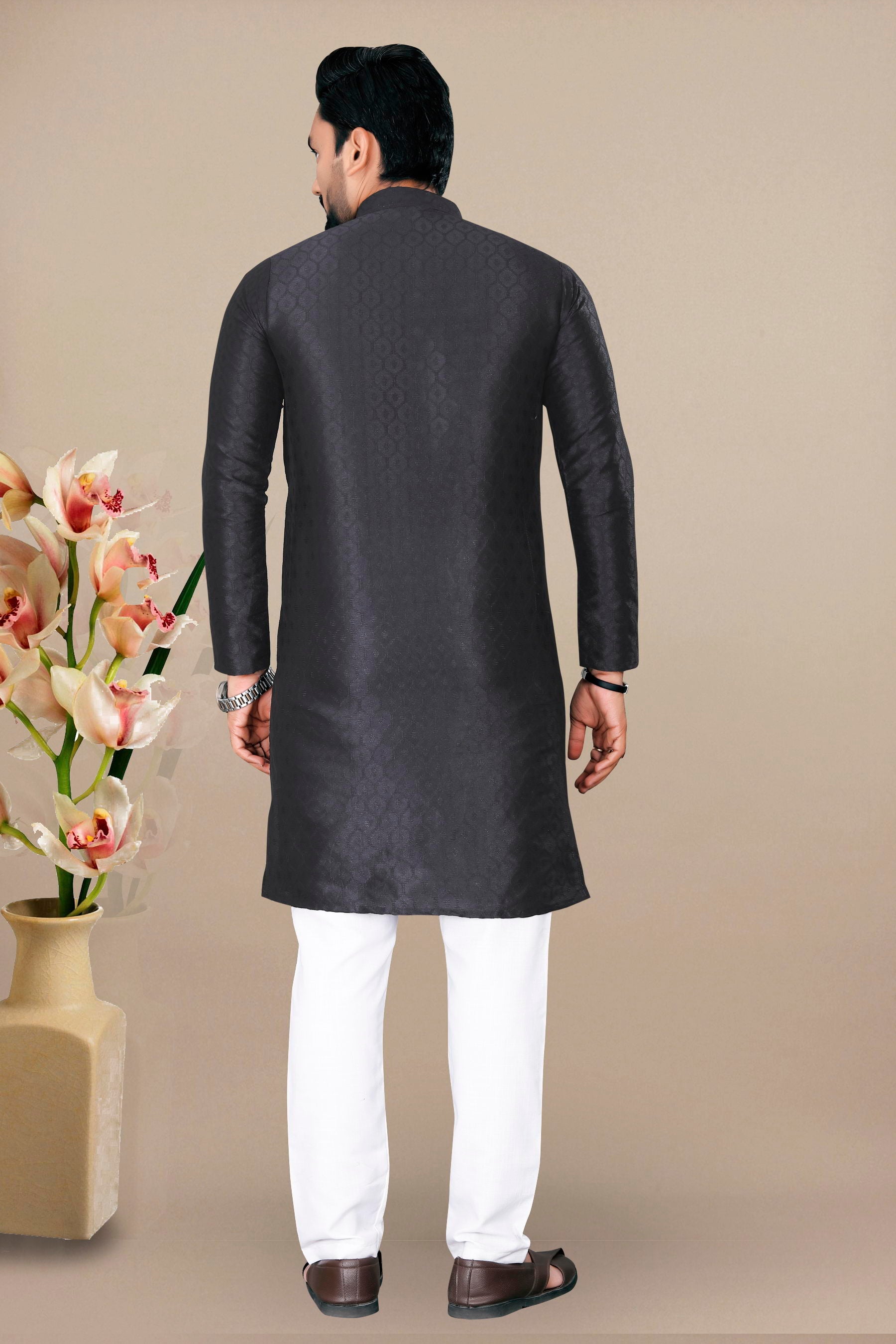 Neera Trendz Black Jacquard Work Men's Kurta With Pyjama