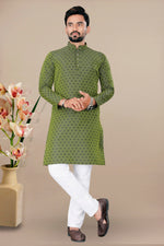 Thumbnail for Neera Trendz Green Jacquard Work Men's Kurta With Pyjama