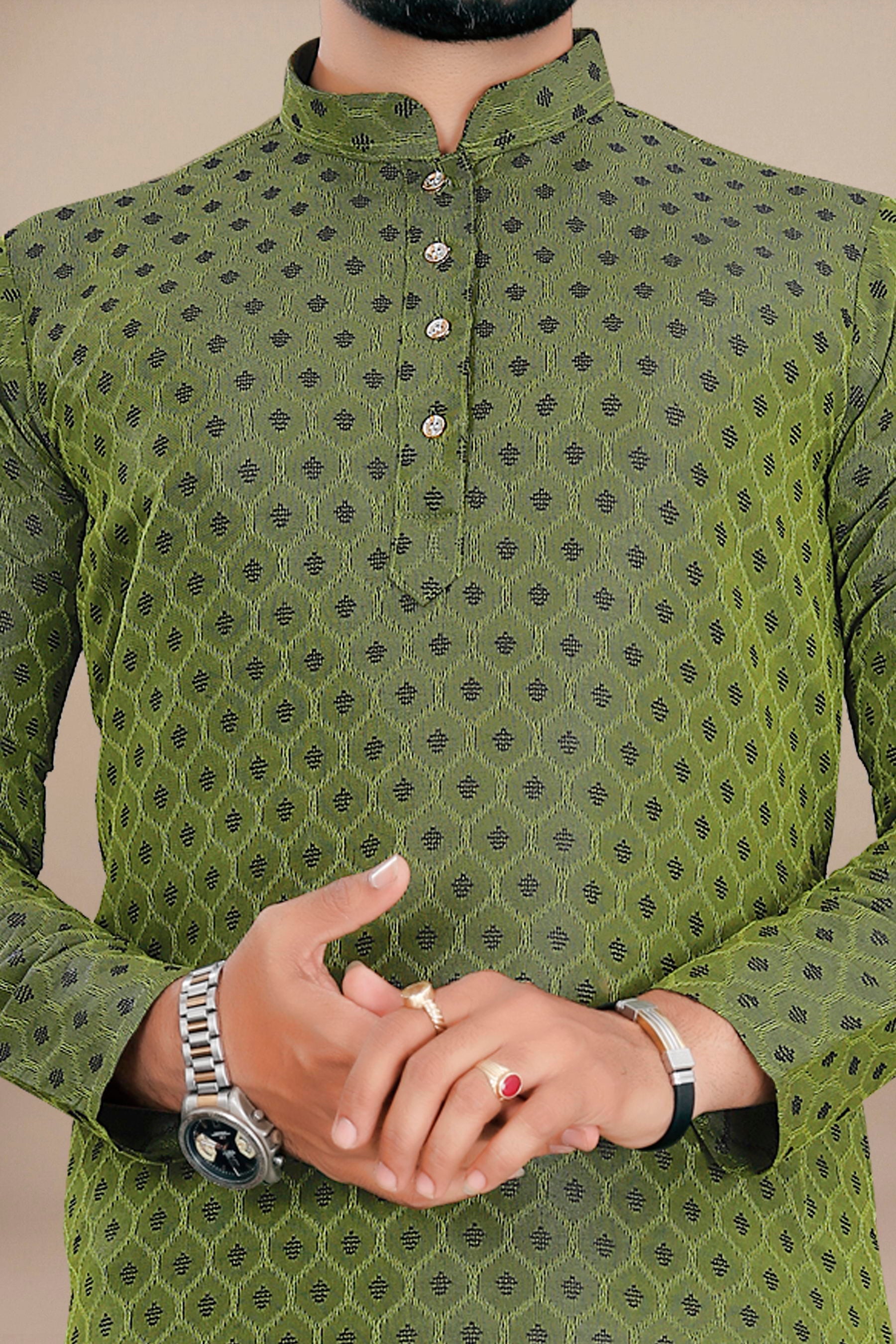 Neera Trendz Green Jacquard Work Men's Kurta With Pyjama