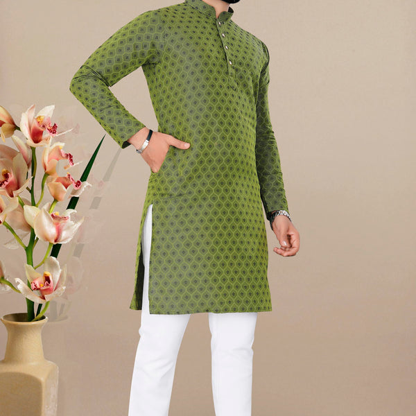 Neera Trendz Green Jacquard Work Men's Kurta With Pyjama