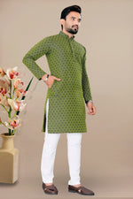 Thumbnail for Neera Trendz Green Jacquard Work Men's Kurta With Pyjama
