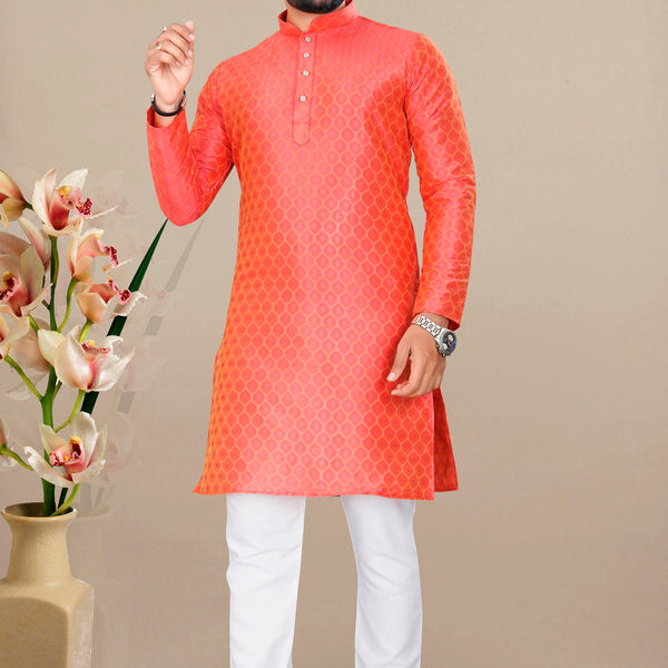 Neera Trendz Orange Jacquard Work Men's Kurta With Pyjama