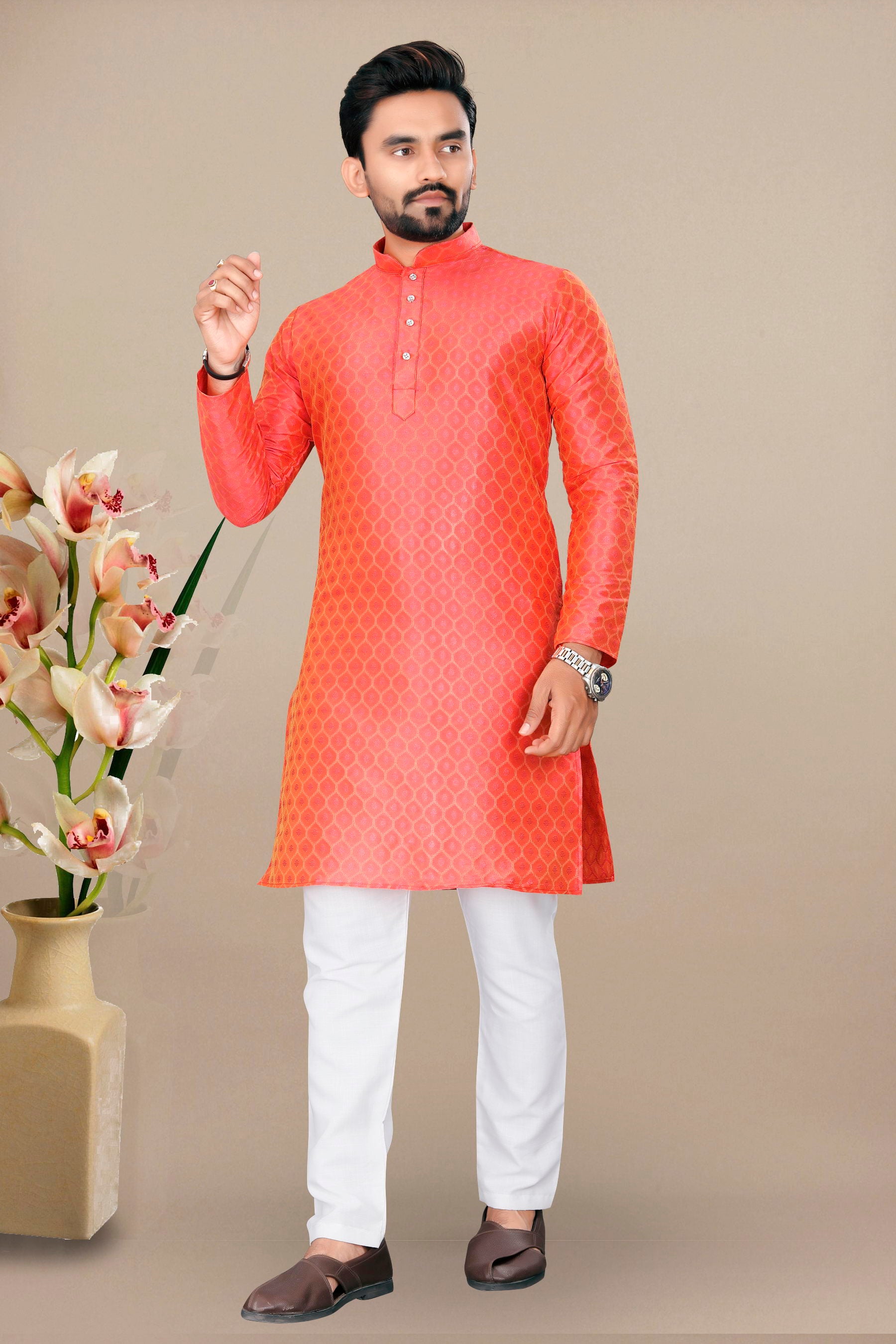 Neera Trendz Orange Jacquard Work Men's Kurta With Pyjama - Distacart
