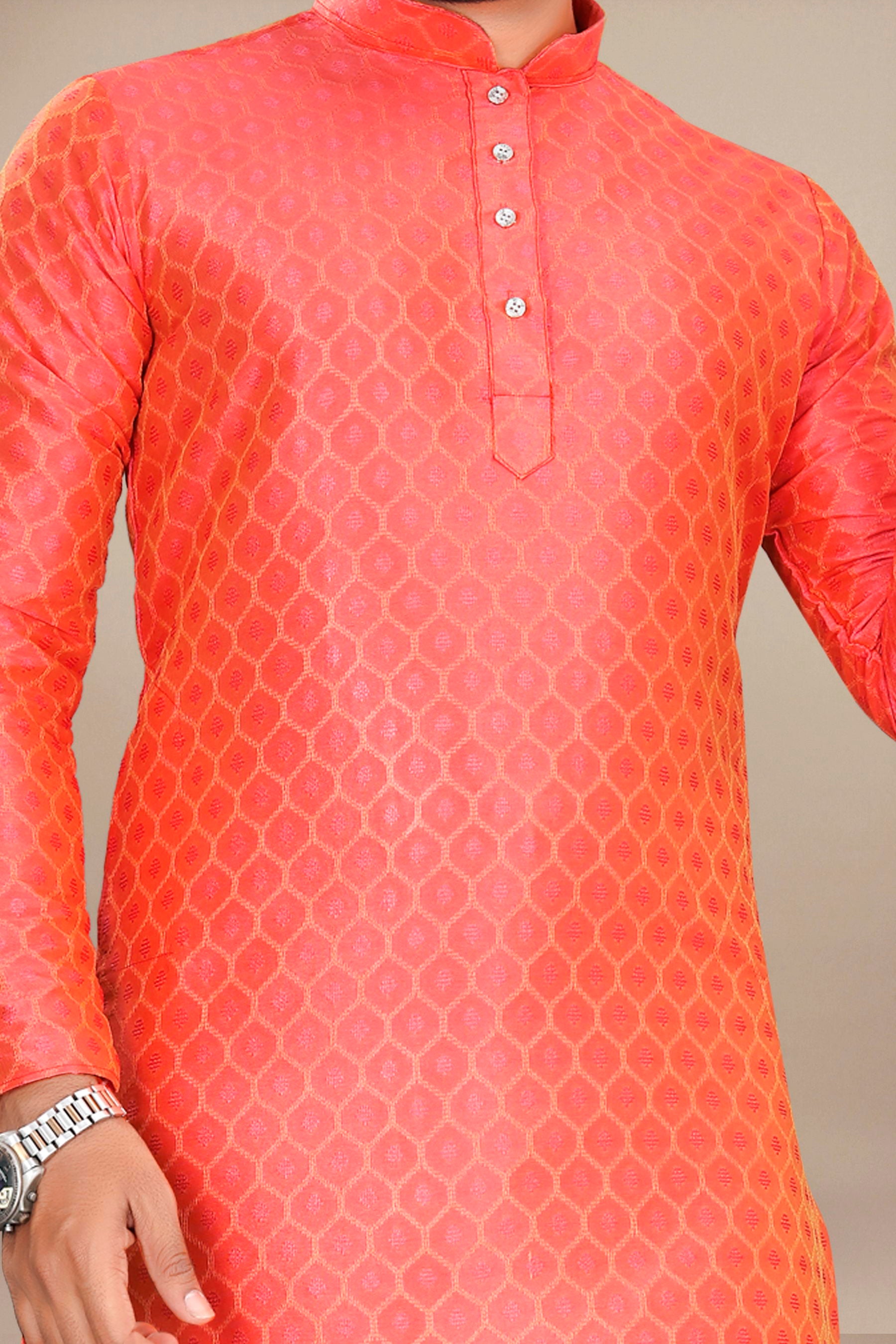 Neera Trendz Orange Jacquard Work Men's Kurta With Pyjama - Distacart