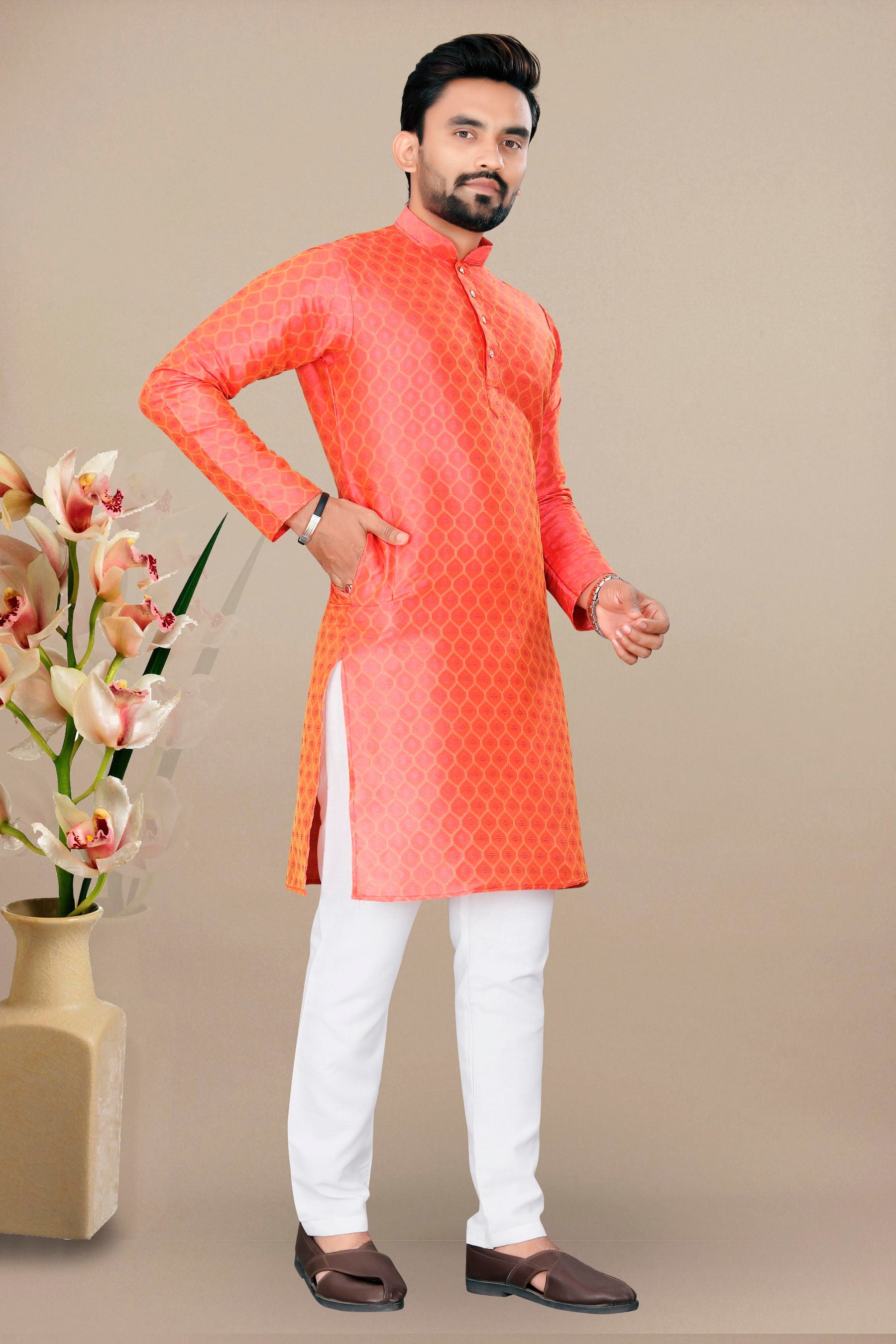 Neera Trendz Orange Jacquard Work Men's Kurta With Pyjama