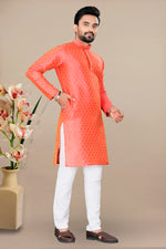 Thumbnail for Neera Trendz Orange Jacquard Work Men's Kurta With Pyjama