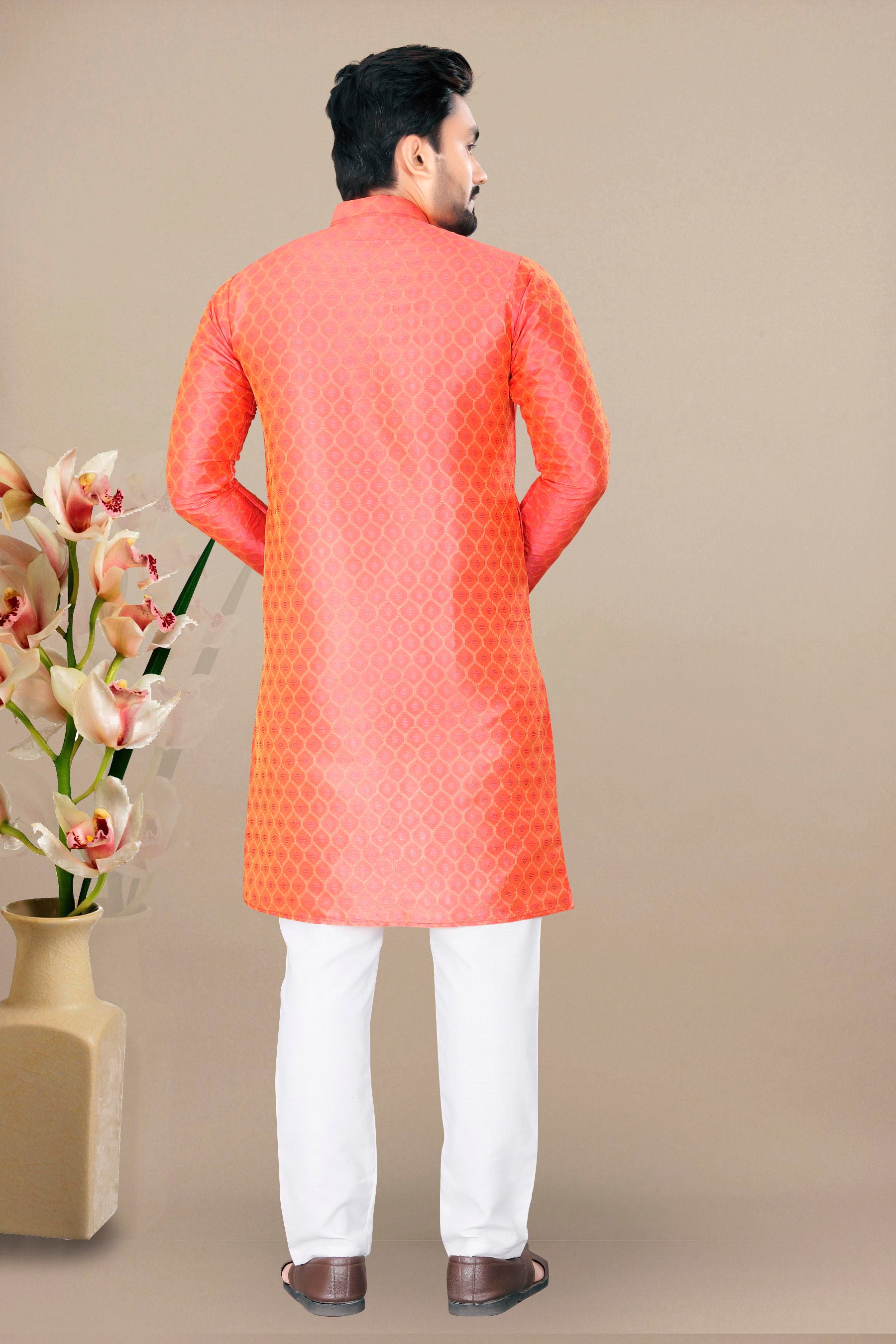 Neera Trendz Orange Jacquard Work Men's Kurta With Pyjama