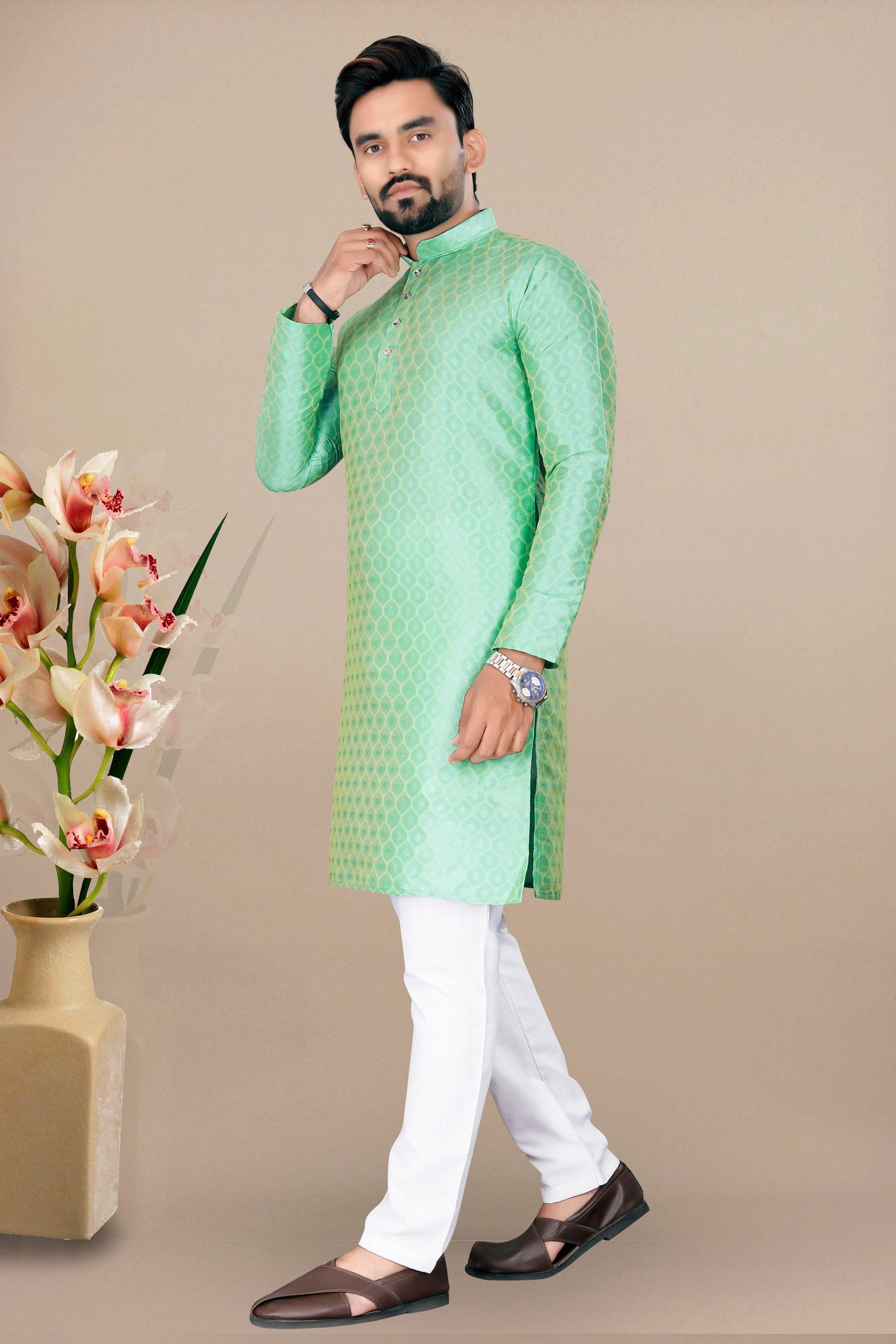 Neera Trendz Pista Jacquard Work Men's Kurta With Pyjama