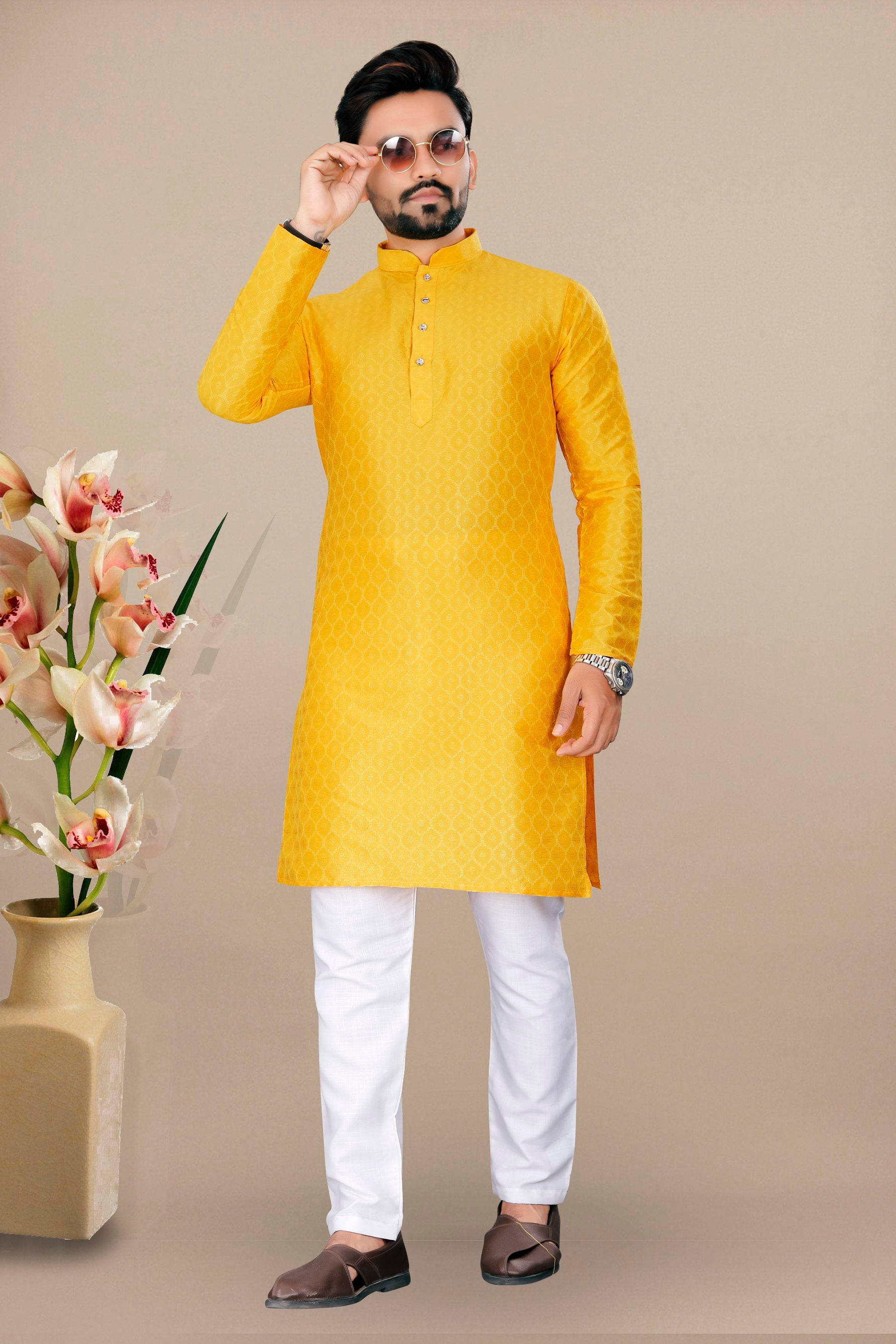 Neera Trendz Yellow Jacquard Work Men's Kurta With Pyjama