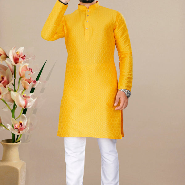 Neera Trendz Yellow Jacquard Work Men's Kurta With Pyjama