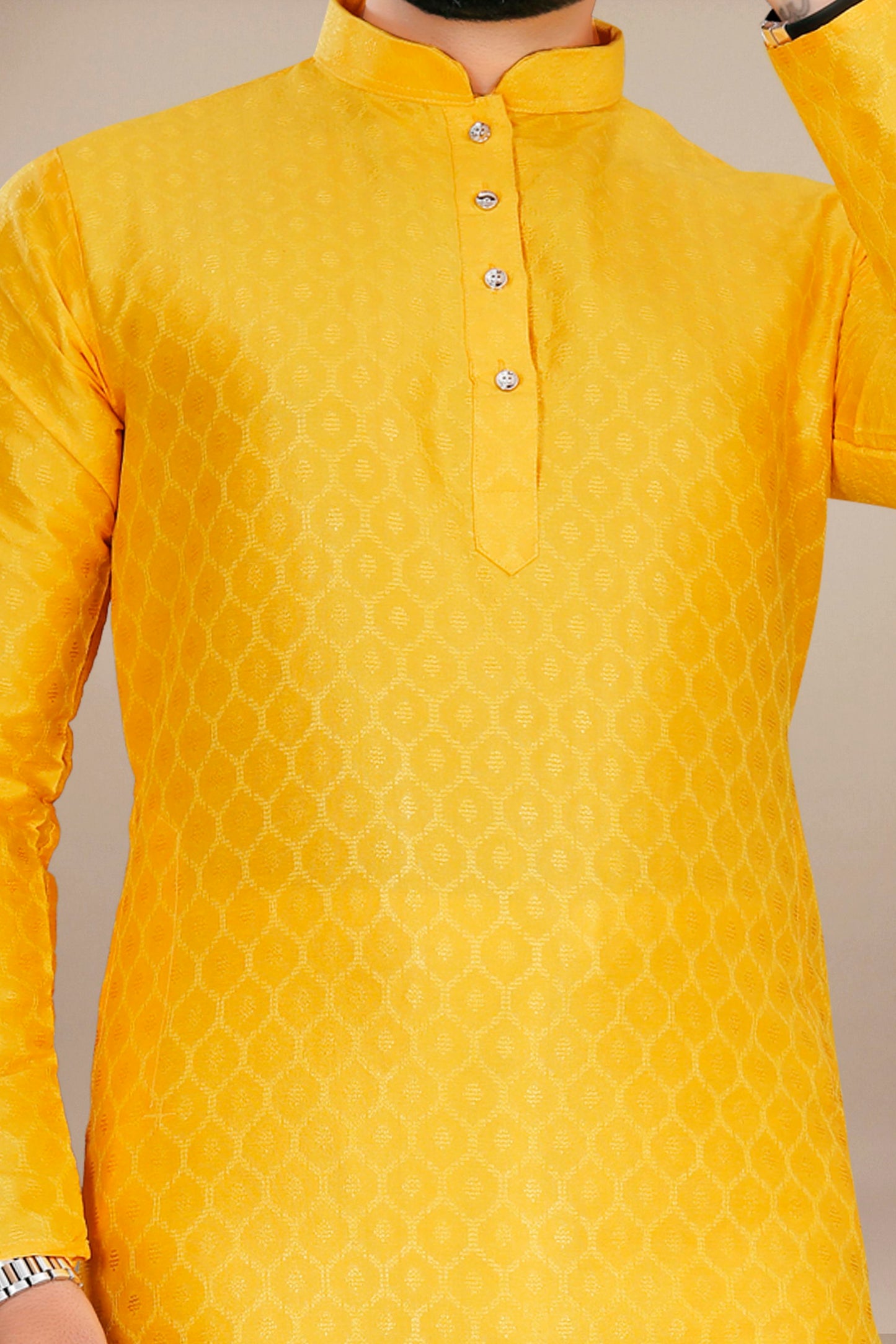 Neera Trendz Yellow Jacquard Work Men's Kurta With Pyjama - Dista