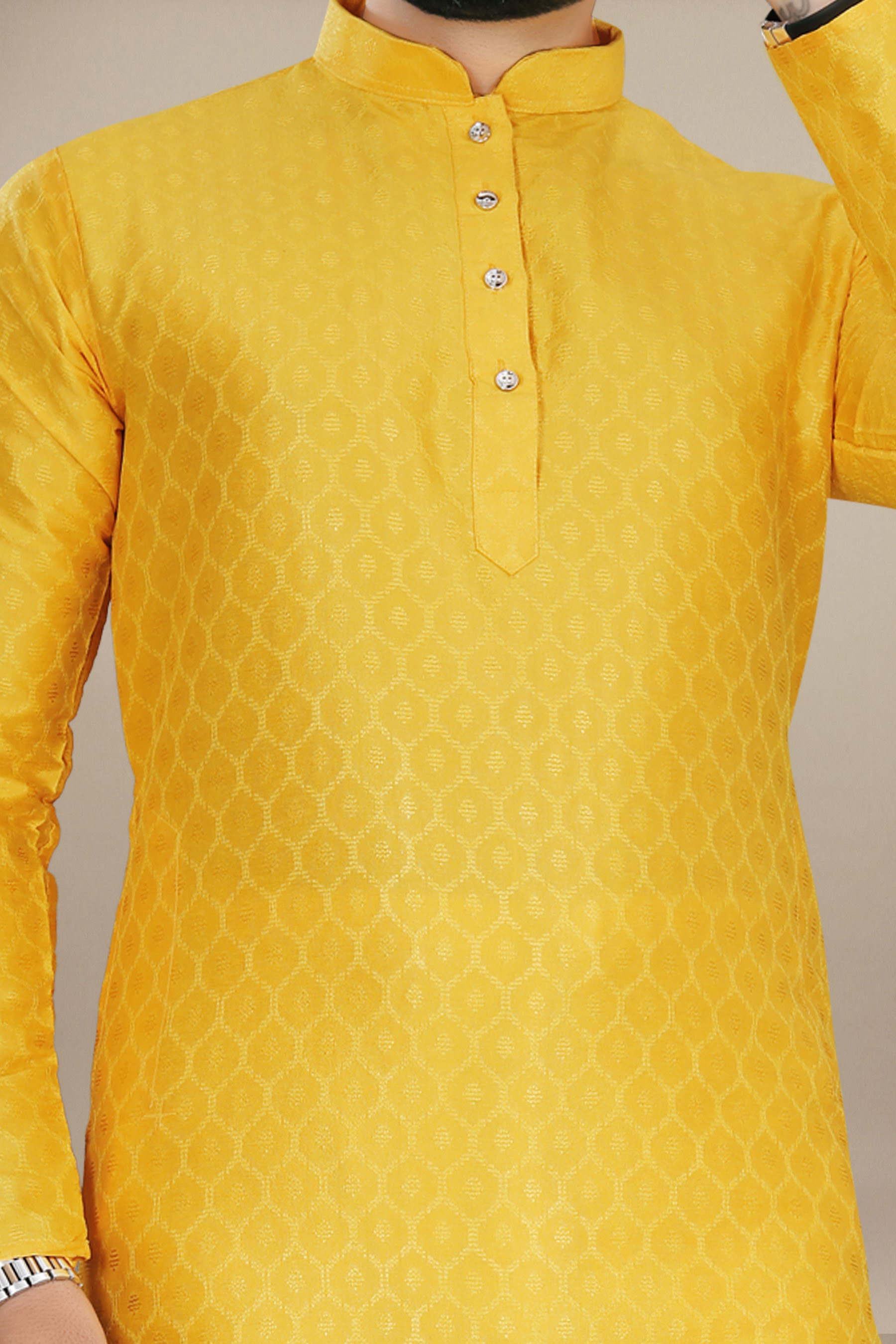 Neera Trendz Yellow Jacquard Work Men's Kurta With Pyjama - Dista