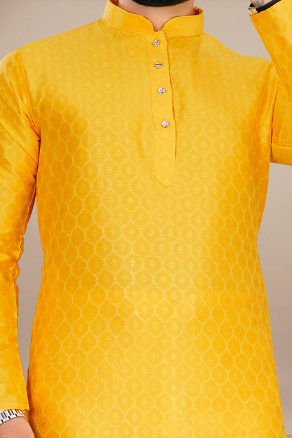 Neera Trendz Yellow Jacquard Work Men's Kurta With Pyjama - Dista