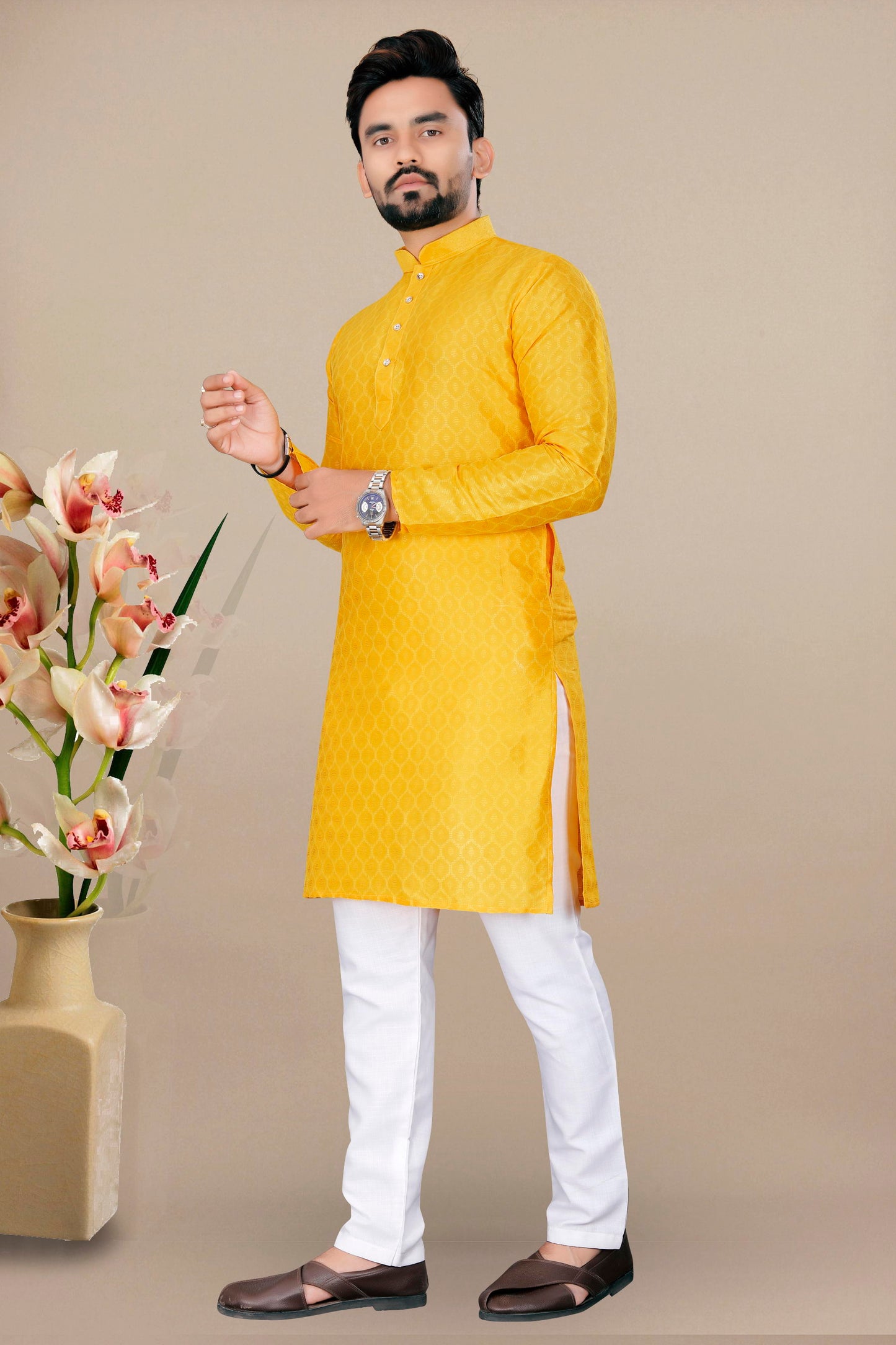 Neera Trendz Yellow Jacquard Work Men's Kurta With Pyjama - Dista
