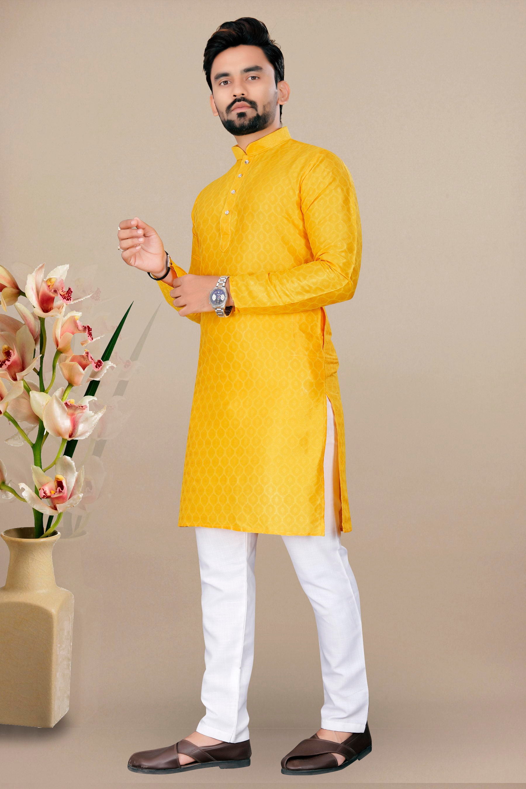 Neera Trendz Yellow Jacquard Work Men's Kurta With Pyjama - Dista