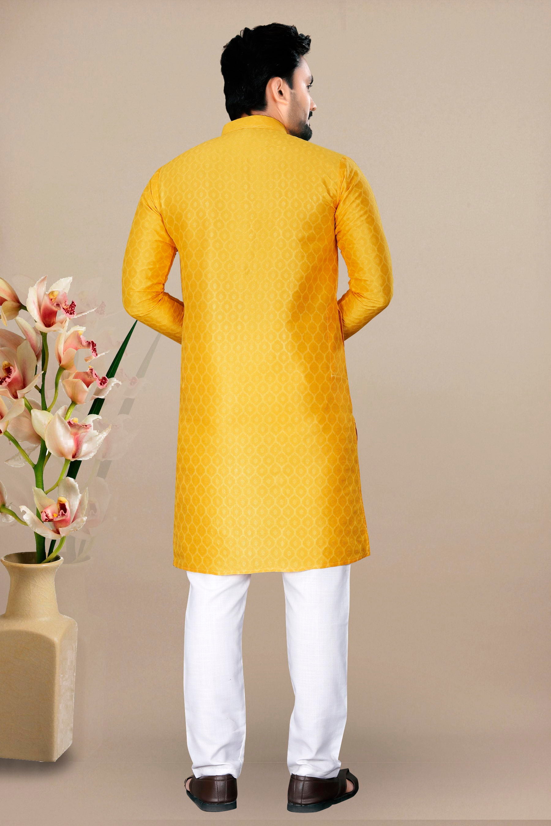Neera Trendz Yellow Jacquard Work Men's Kurta With Pyjama - Dista