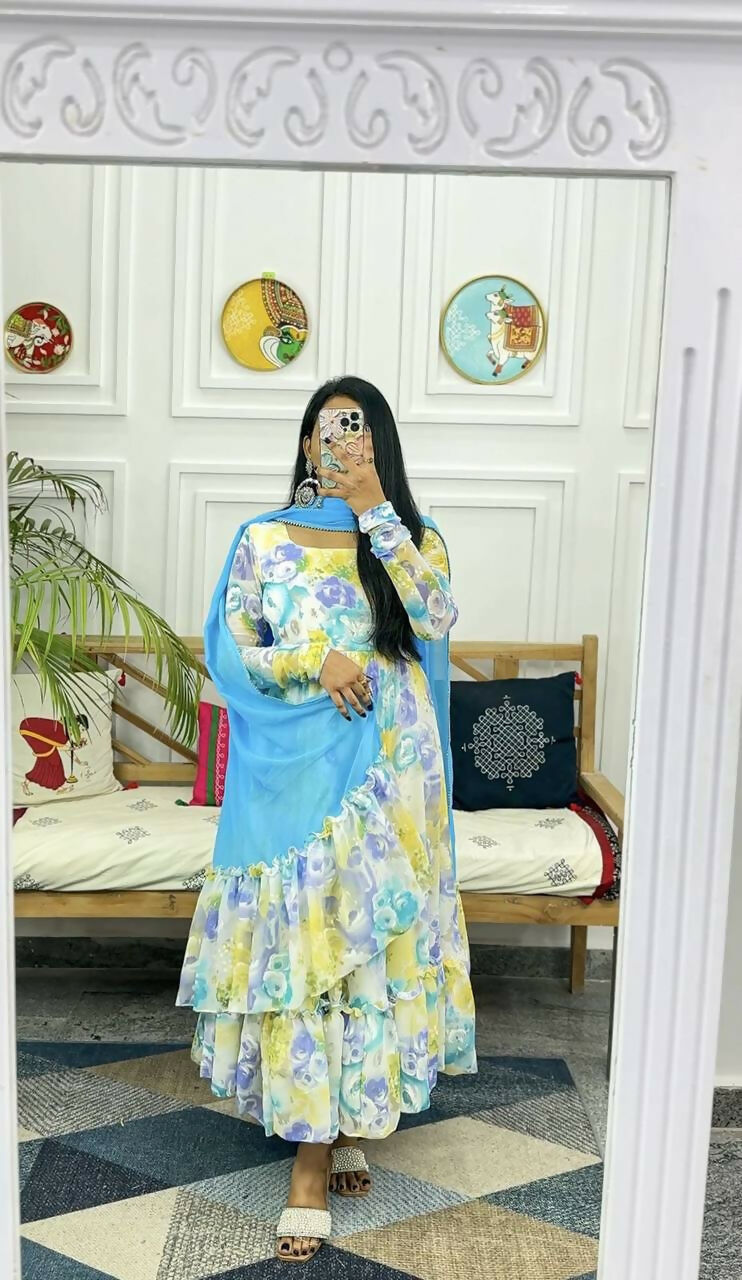 Preksha Creation Featuring Georgette Maxi Dress With Dupatta - Sky Blue - Distacart