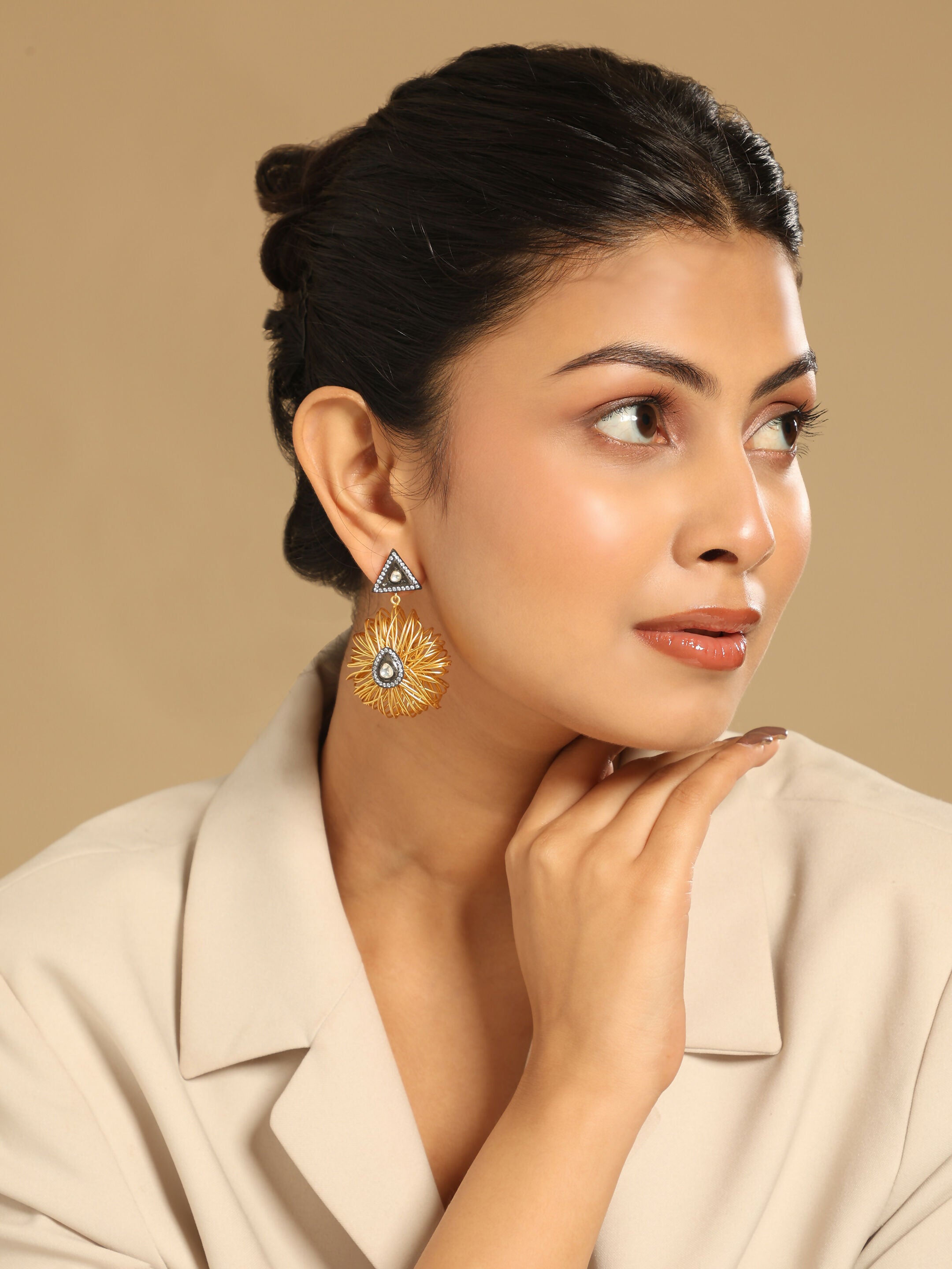 Nuyug 18K Gold-Plated Stones & American Diamond Studded Contemporary Wire Drop Earrings