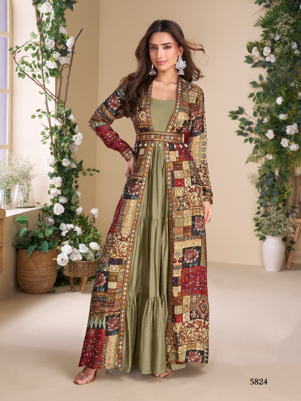 Aarshi Fashions Olive Georgette Gown With Multicolor Silk Shrug & Belt