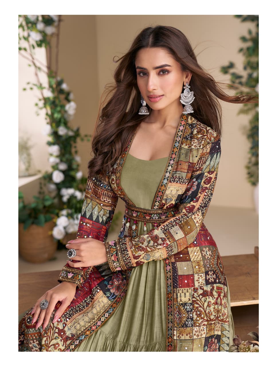 Aarshi Fashions Olive Georgette Gown With Multicolor Silk Shrug & Belt