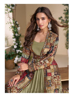 Thumbnail for Aarshi Fashions Olive Georgette Gown With Multicolor Silk Shrug & Belt