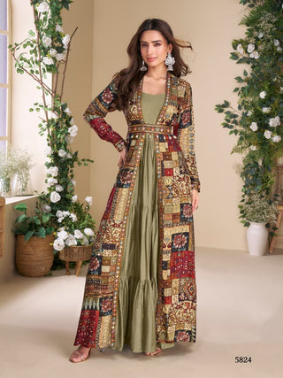 Aarshi Fashions Olive Georgette Gown With Multicolor Silk Shrug & Belt