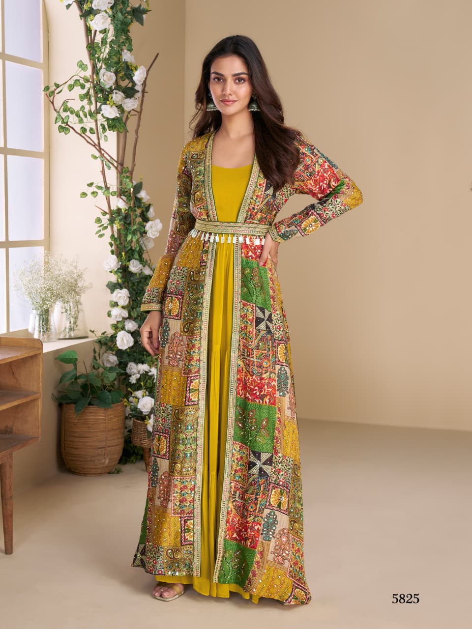 Aarshi Fashions Yellow Georgette Gown With Multicolor Silk Shrug & Belt