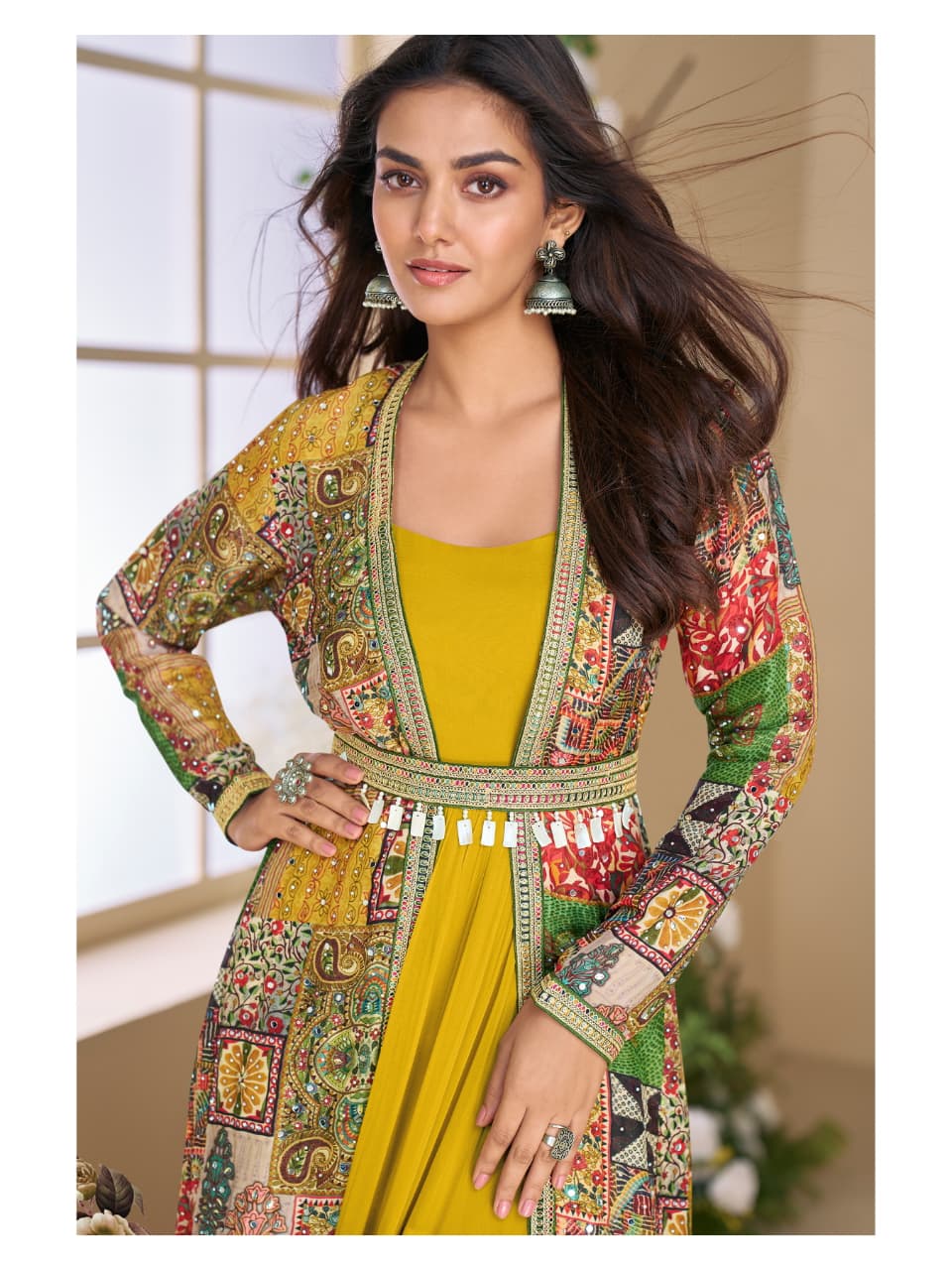 Aarshi Fashions Yellow Georgette Gown With Multicolor Silk Shrug & Belt