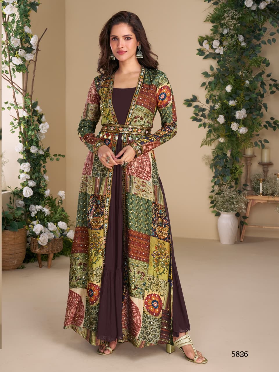 Aarshi Fashions Wine Georgette Gown With Multicolor Silk Shrug & Belt