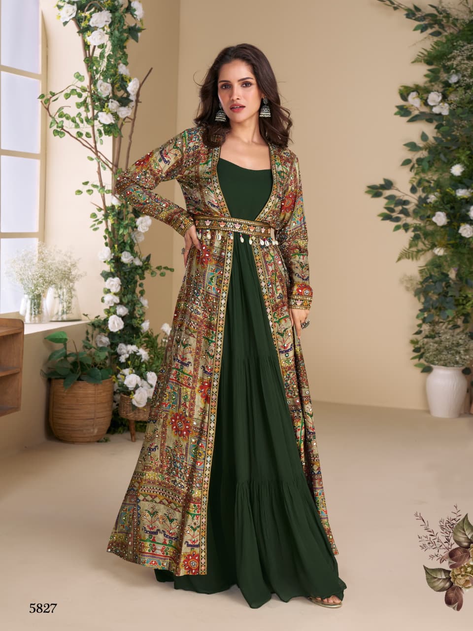 Aarshi Fashions Dark Green Georgette Gown With Multicolor Silk Shrug & Belt