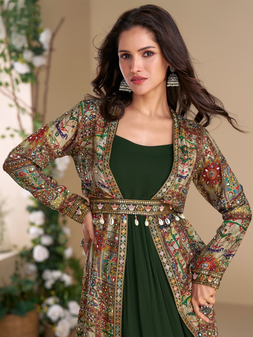 Aarshi Fashions Dark Green Georgette Gown With Multicolor Silk Shrug & Belt
