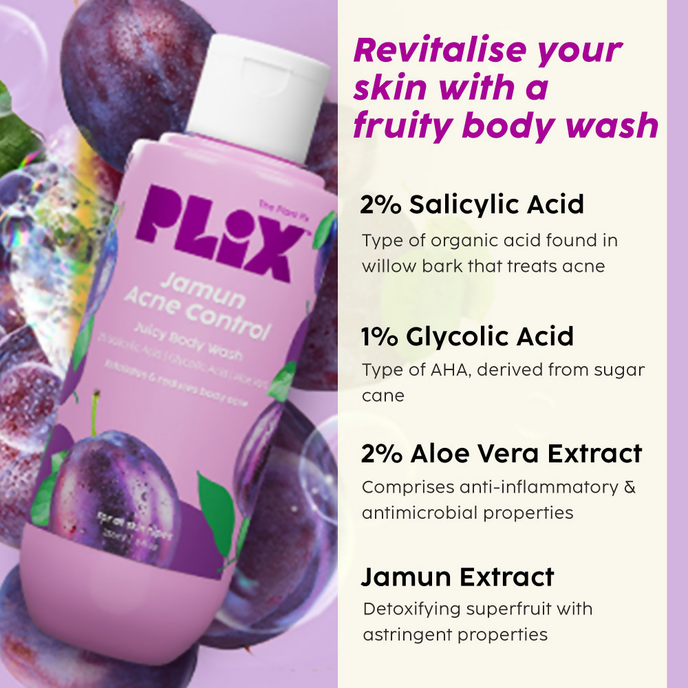 PLIX The Plant Fix Jamun Skincare With Cleanser, Body Wash & Active Acne Serum For Women & Men - Distacart