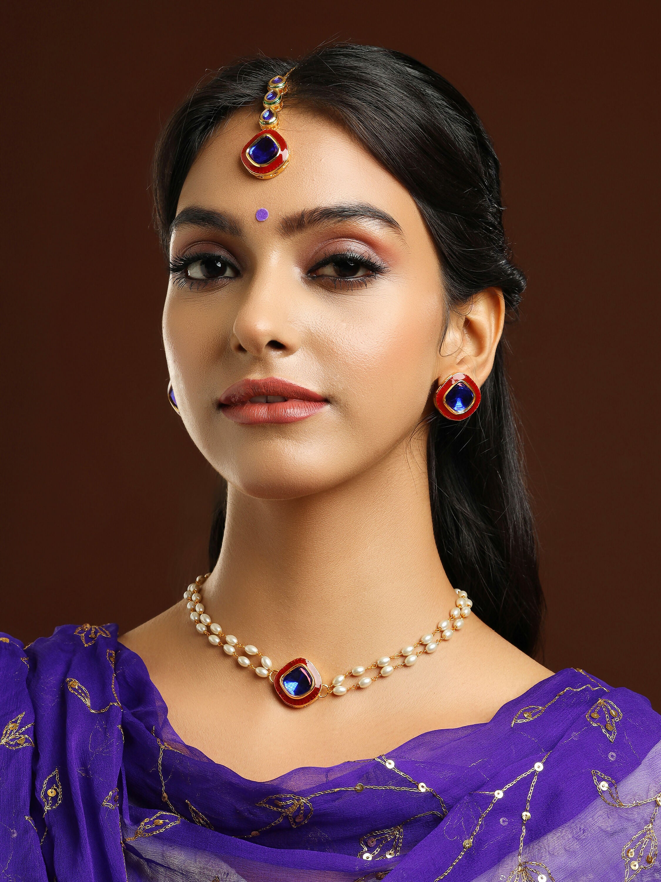 Ruby Raang Blue and Red Meenakari Kundan Necklace with Earrings & Maang Tikka