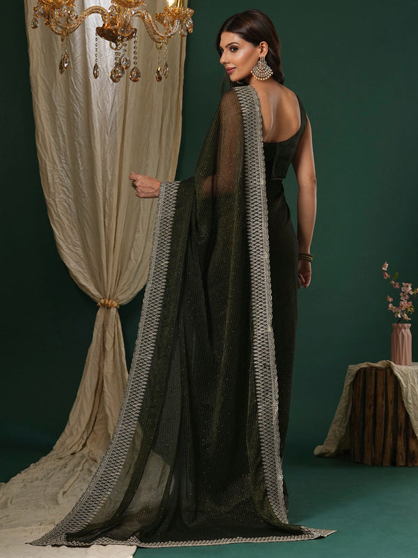 NOZ2TOZ Women's Georgette Olive Embroidered Designer Saree With Blouse Piece - Distacart