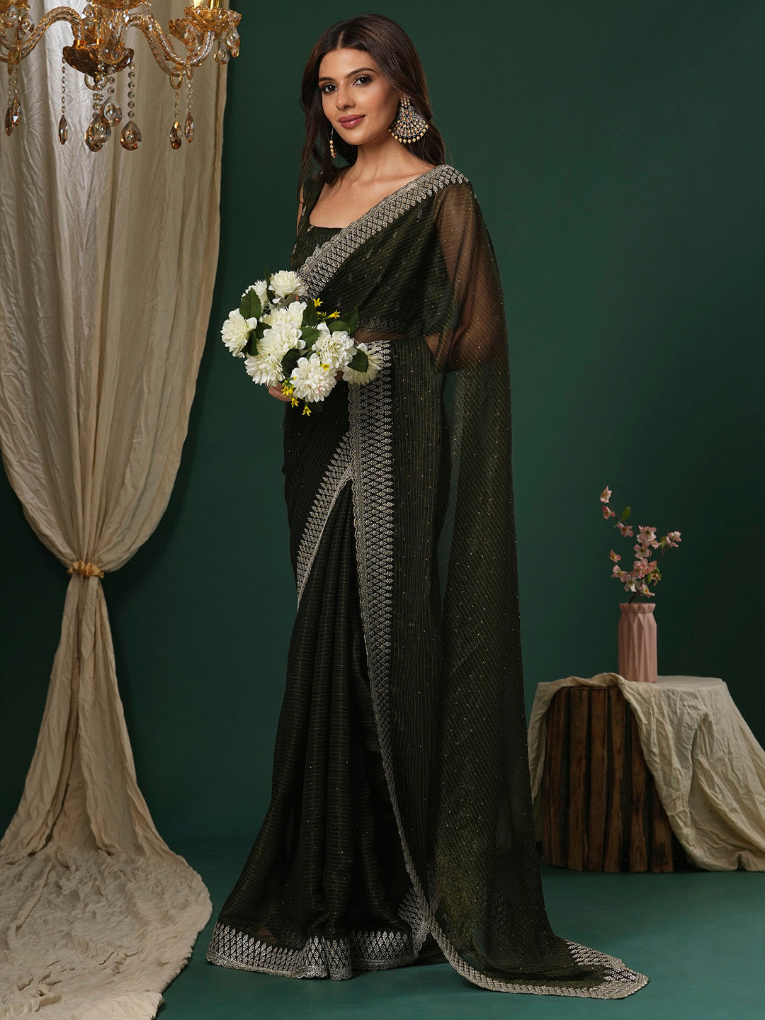 NOZ2TOZ Women's Georgette Olive Embroidered Designer Saree With Blouse Piece - Distacart