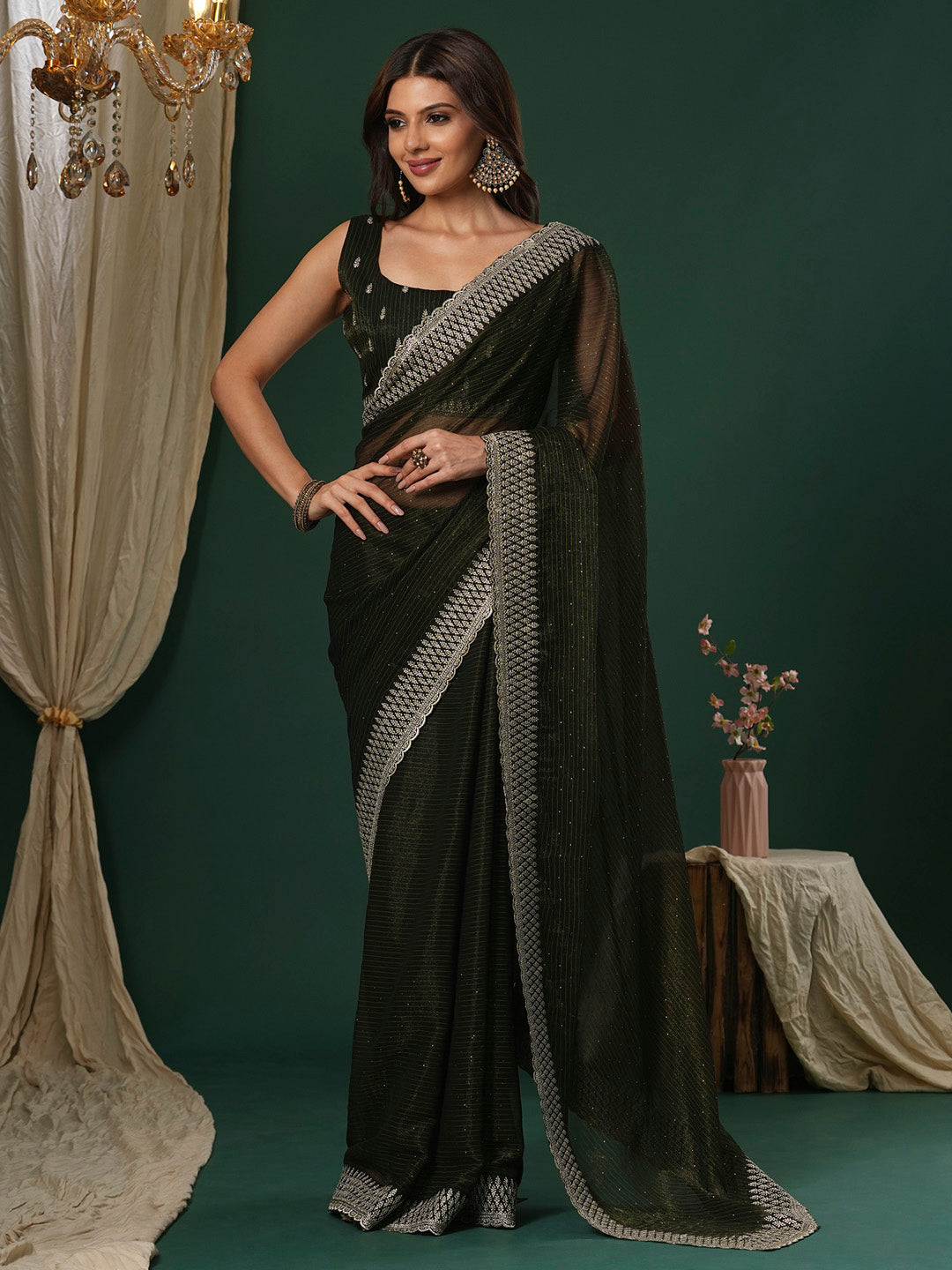 NOZ2TOZ Women's Georgette Olive Embroidered Designer Saree With Blouse Piece - Distacart