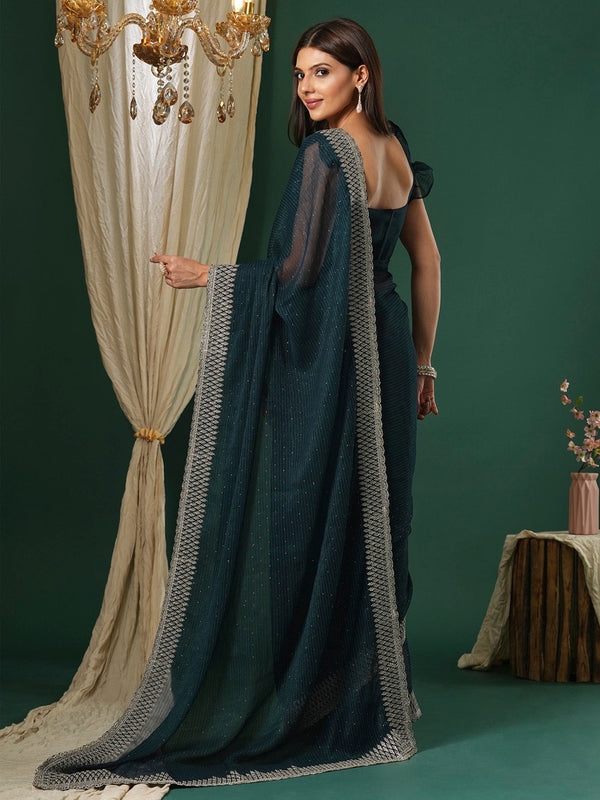 NOZ2TOZ Women's Georgette Teal blue Embroidered Designer Saree With Blouse Piece - Distacart