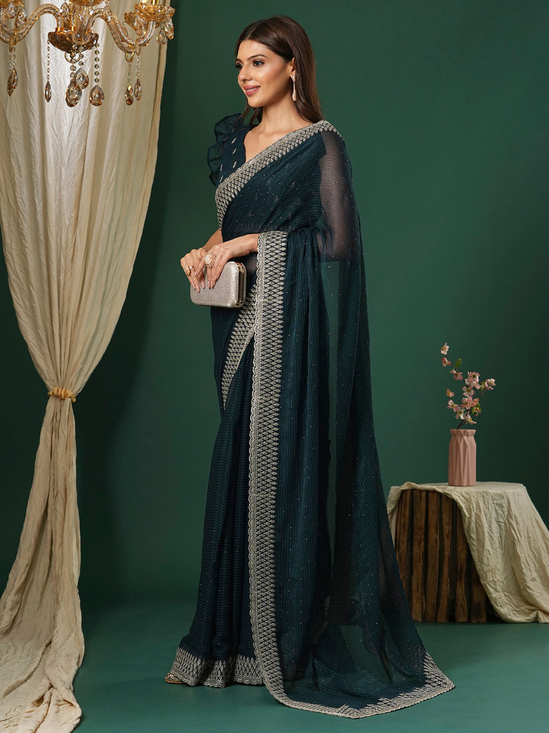 NOZ2TOZ Women's Georgette Teal blue Embroidered Designer Saree With Blouse Piece - Distacart