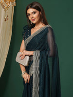 Thumbnail for NOZ2TOZ Women's Georgette Teal blue Embroidered Designer Saree With Blouse Piece - Distacart